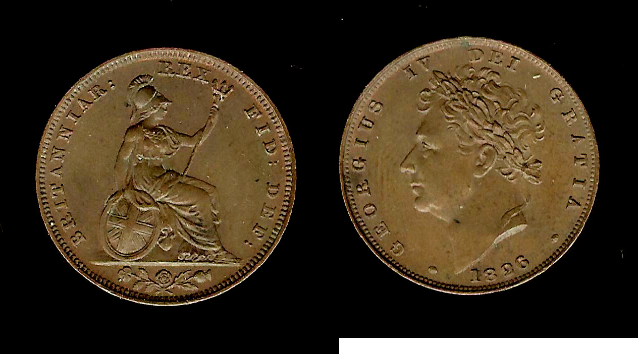 ROYAUME-UNI 1 Farthing Georges IV tête laurée 1826 SUP+